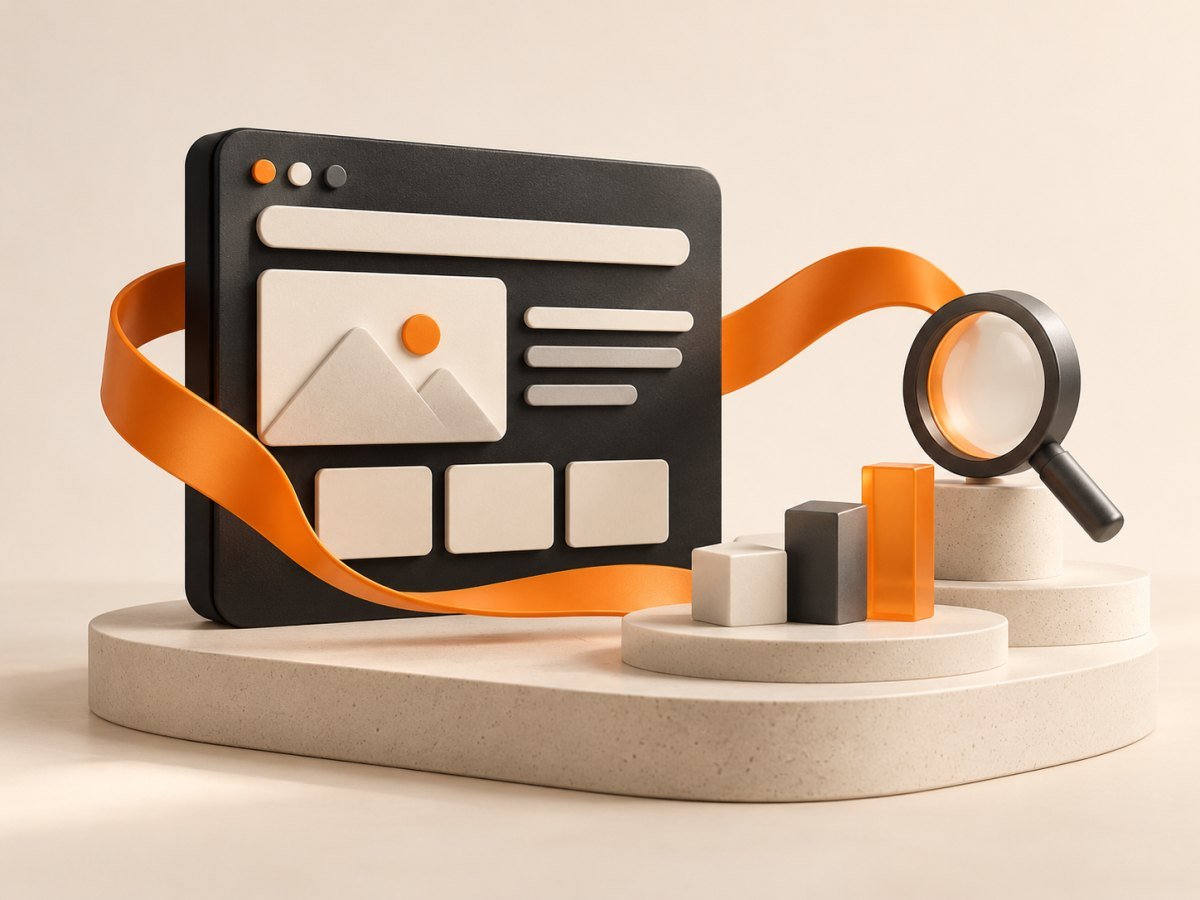 Illustration of a website, search magnifier and connected marketing elements in orange and graphite