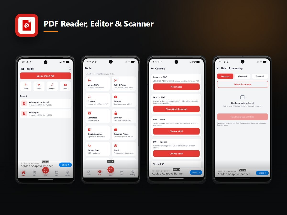 PDF Reader, Editor & Scanner — Android · 100% offline, on-device