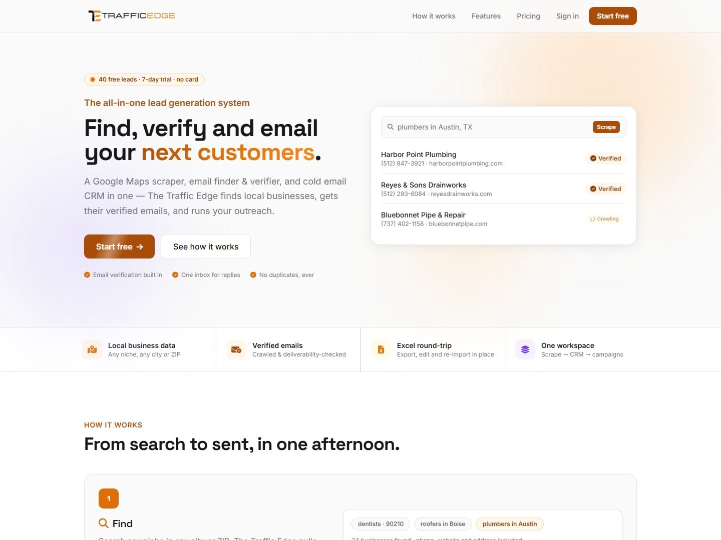 The Traffic Edge CRM dashboard showing a Google Maps lead search with verified business emails