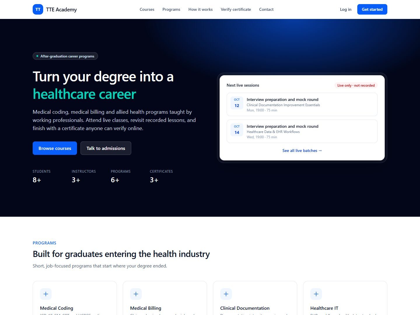 TTE Academy learning management system showing course programmes and upcoming live sessions